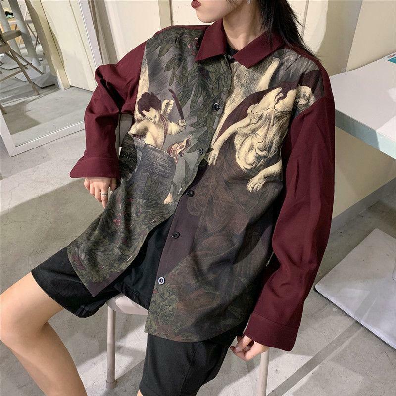 Angel Print Y2K Aesthetic Long Sleeve Shirt for Trendy Summer Outfits