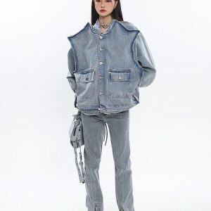 Asymmetric Design Y2K Denim Jacket for Trendy Summer Outfits