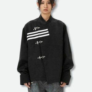 Asymmetric Frog Button Jacket: Y2K Fashion Meets 90s Grunge Aesthetic