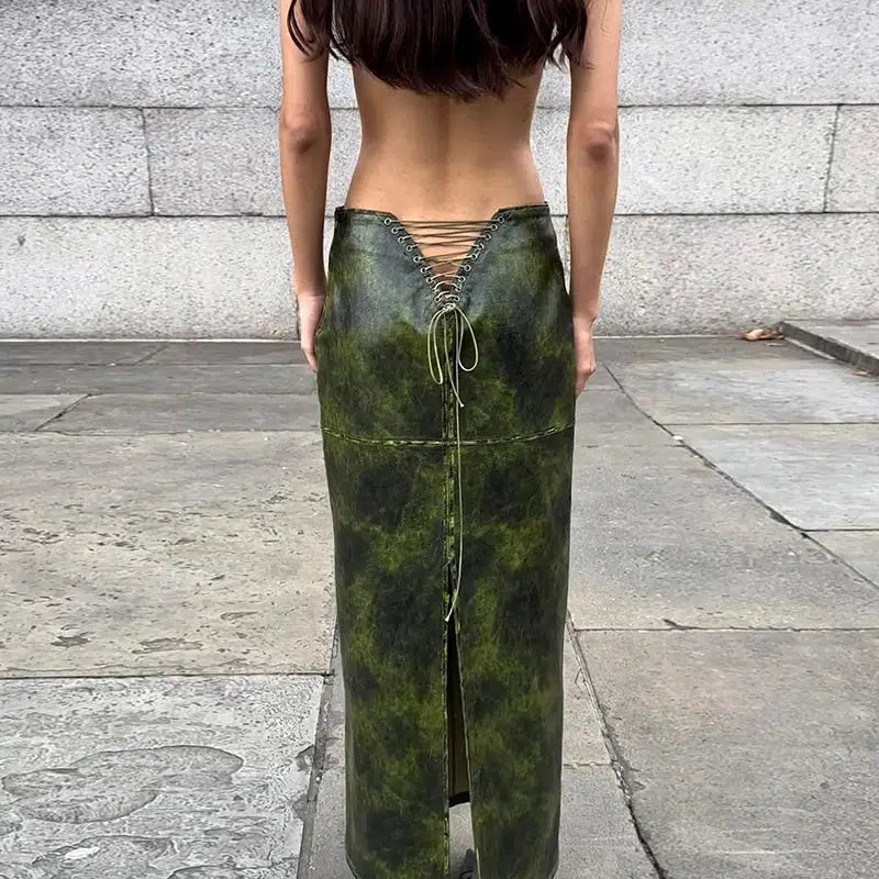 Baddie Leaf Lace-Up Split Maxi Skirt - Y2K Fashion Summer Essential