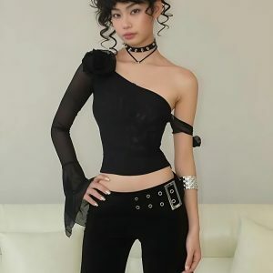 Baddie Rose One Shoulder Mesh Top - Y2K Fashion Statement Piece