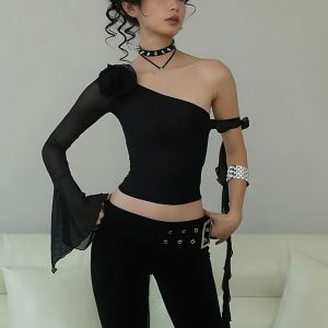 Baddie Rose One Shoulder Mesh Top - Y2K Fashion Statement Piece