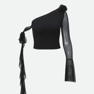 Baddie Rose One Shoulder Mesh Top - Y2K Fashion Statement Piece