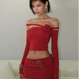 Baddie Rose Y2K Asymmetric Off Shoulder Top for Trendy Summer Outfits