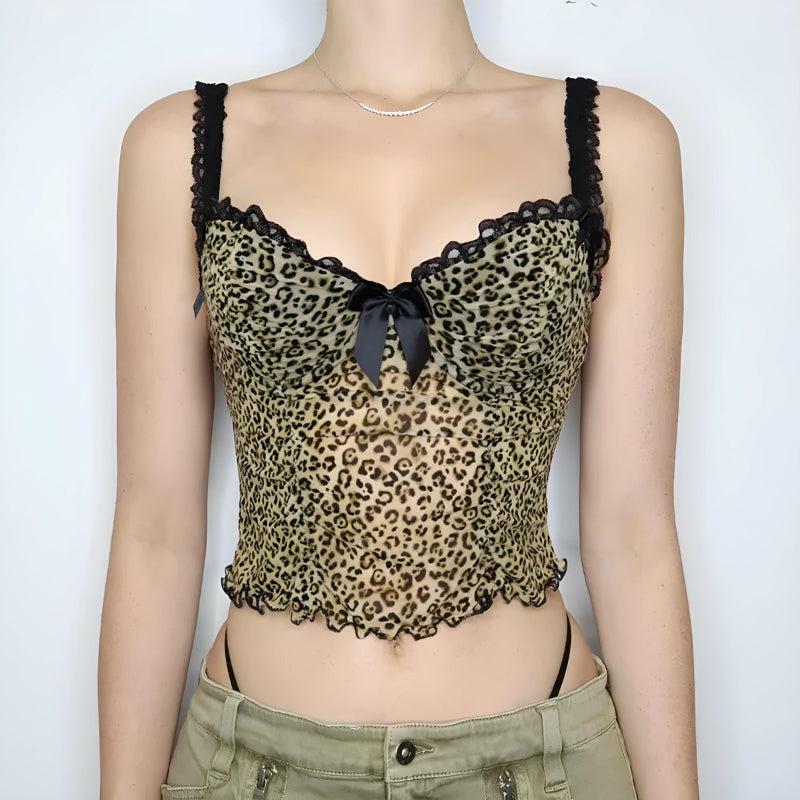 Baddie Y2K Leopard Mesh Top for Trendy Summer Outfits and Aesthetic Looks