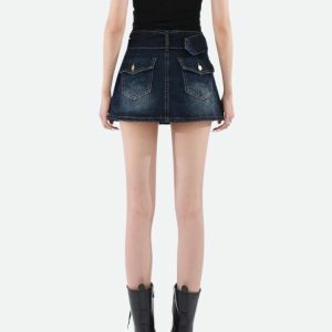 Belted Grunge Denim Mini Skirt - Y2K Fashion Essential for Summer Outfits