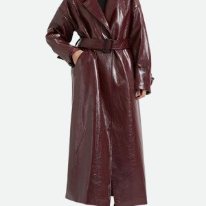 Burgundy Y2K Faux Leather Coat for Chic Grunge and 90s Fashion Vibes