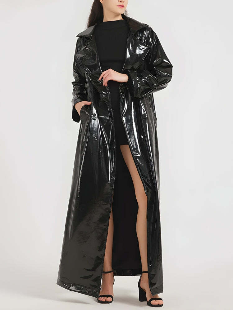 Chic Black Trench Coat for Y2K Fashion & 90s Grunge Aesthetic Outfits