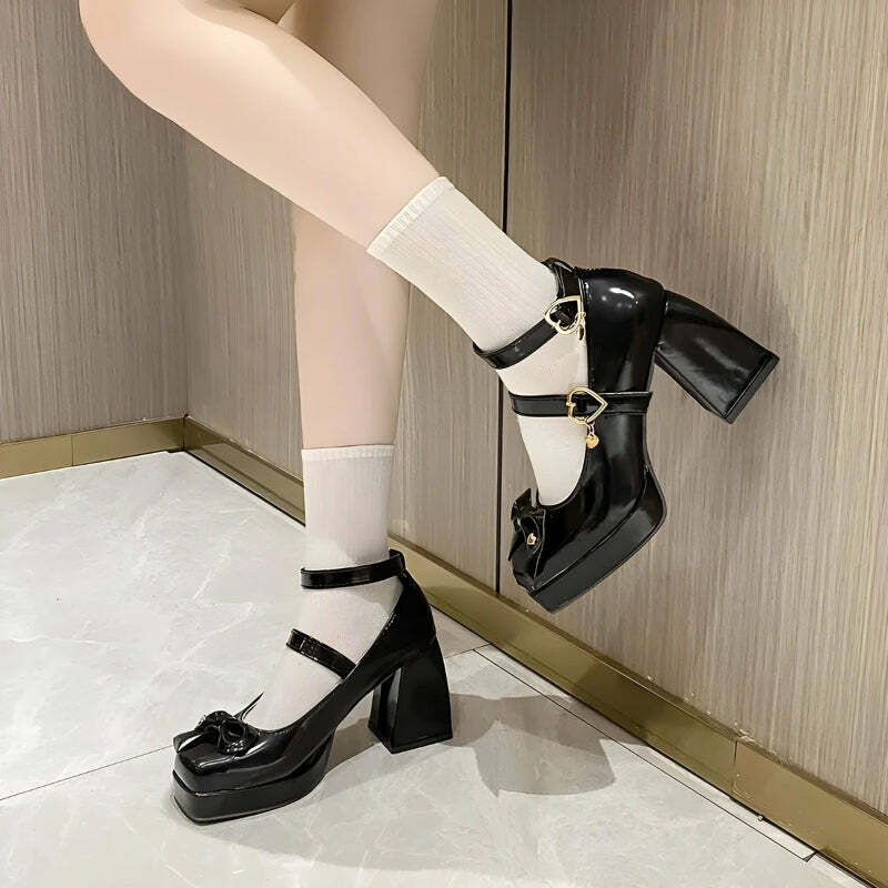 Chic Bow & Heart Mary Jane High Heels for Y2K Fashion Lovers