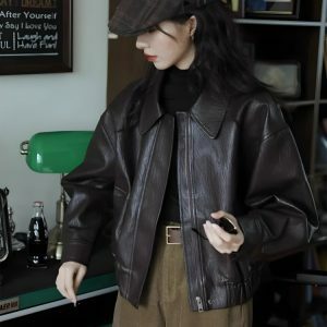 Chic Brown Faux Leather Jacket for Y2K Fashion & Grunge Outfits