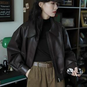 Chic Brown Faux Leather Jacket for Y2K Fashion & Grunge Outfits