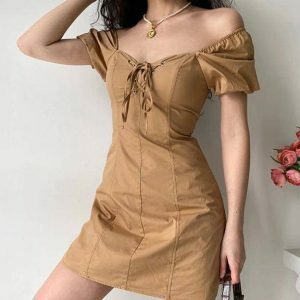 Chic Brown Mini Dress with Puffy Sleeves for Y2K Summer Vibes