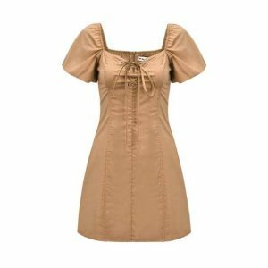 Chic Brown Mini Dress with Puffy Sleeves for Y2K Summer Vibes