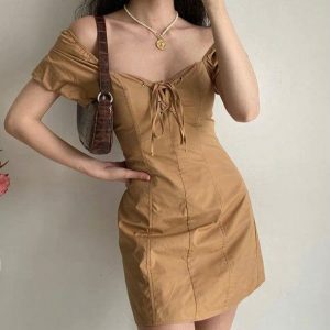 Chic Brown Mini Dress with Puffy Sleeves for Y2K Summer Vibes