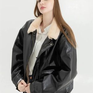 Chic Double-Faced Faux Leather & Fur Jacket for Y2K Fashion Lovers