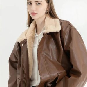 Chic Double-Faced Faux Leather & Fur Jacket for Y2K Fashion Lovers