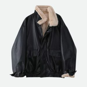 Chic Double-Faced Faux Leather & Fur Jacket for Y2K Fashion Lovers