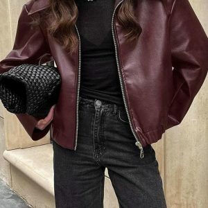 Chic Faux Leather Burgundy Jacket for Y2K Fashion & Grunge Outfits