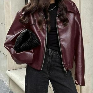 Chic Faux Leather Burgundy Jacket for Y2K Fashion & Grunge Outfits