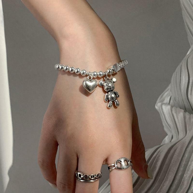 Chic Heart and Bear Bracelet: Y2K Aesthetic Jewelry for Trendy Outfits