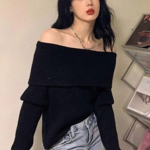 Chic Off Shoulder Knitted Sweater for Y2K Fashion Lovers