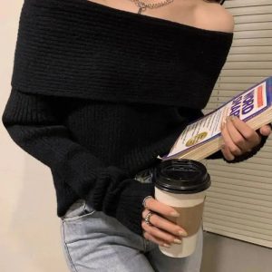 Chic Off Shoulder Knitted Sweater for Y2K Fashion Lovers