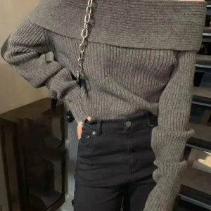 Chic Off Shoulder Knitted Sweater for Y2K Fashion Lovers