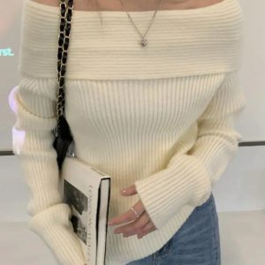 Chic Off Shoulder Knitted Sweater for Y2K Fashion Lovers