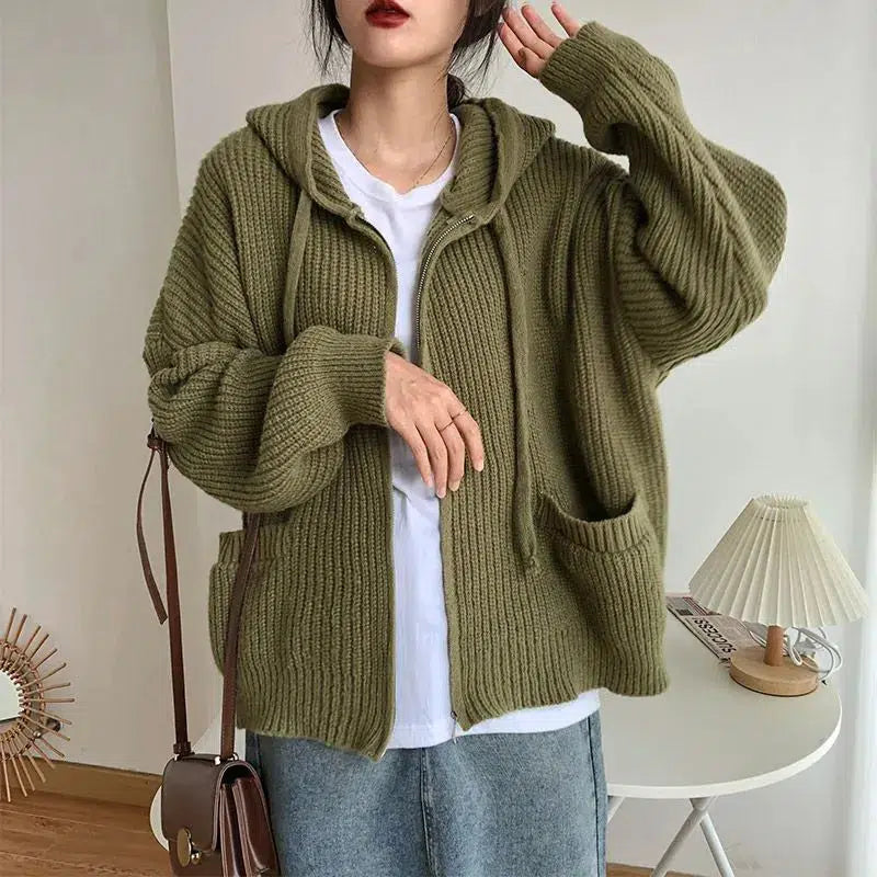 Chic Oversized Knitted Hooded Cardigan for Y2K and 90s Fashion Lovers