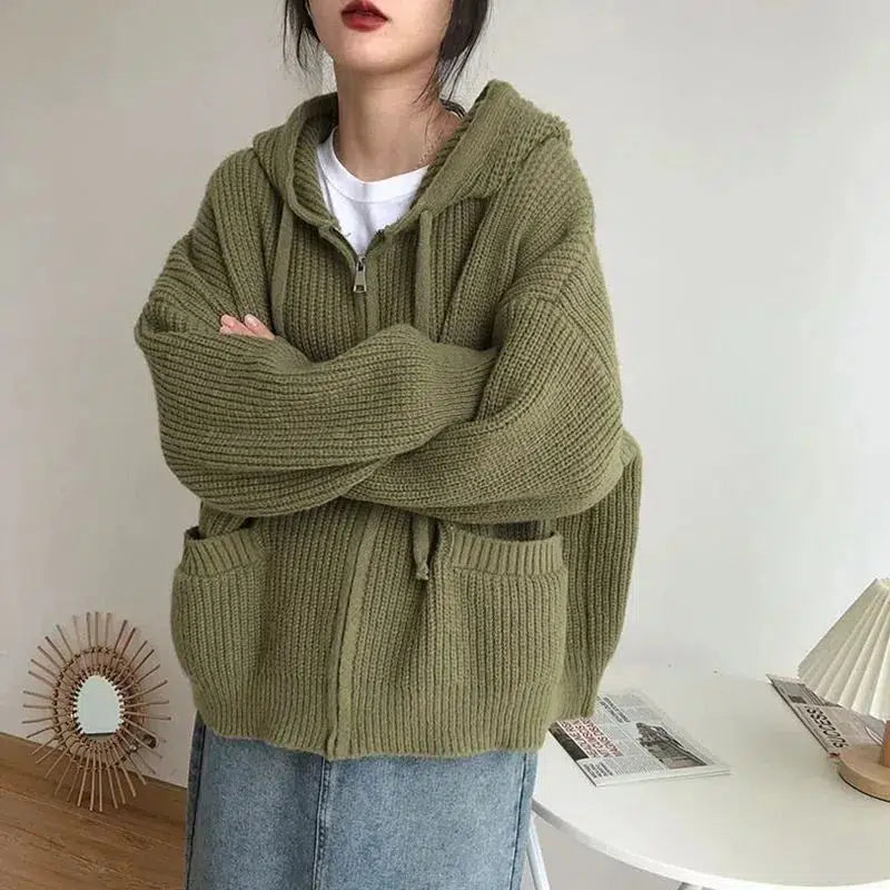 Chic Oversized Knitted Hooded Cardigan for Y2K and 90s Fashion Lovers