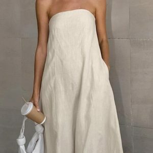 Chic Strapless Linen Midi Dress for Effortless Y2K Summer Style