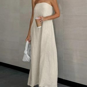 Chic Strapless Linen Midi Dress for Effortless Y2K Summer Style