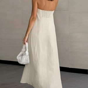 Chic Strapless Linen Midi Dress for Effortless Y2K Summer Style