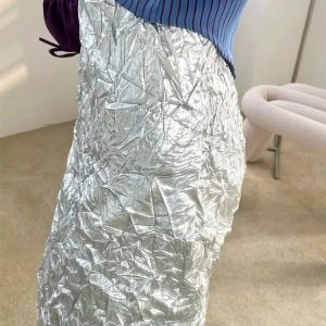 Chic Wrinkled Silver Midi Skirt for Y2K Fashion & Summer Outfits