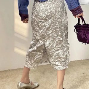 Chic Wrinkled Silver Midi Skirt for Y2K Fashion & Summer Outfits