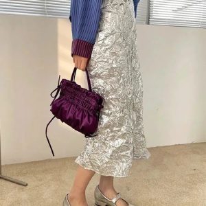 Chic Wrinkled Silver Midi Skirt for Y2K Fashion & Summer Outfits