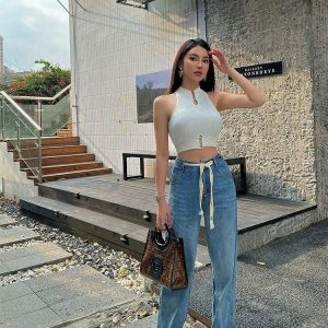 Chic Y2K High Neck Knitted Crop Top for Trendy Summer Outfits