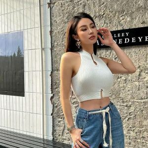 Chic Y2K High Neck Knitted Crop Top for Trendy Summer Outfits