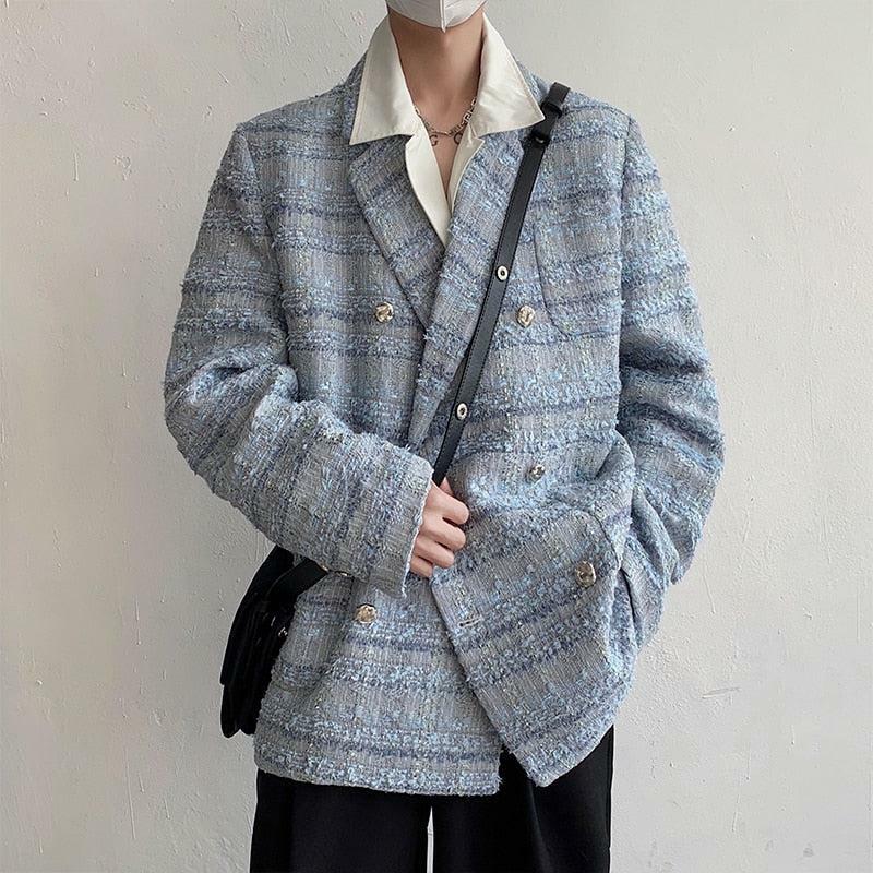 Chic Y2K Lapel Collar Blue Tweed Blazer for Effortless Style