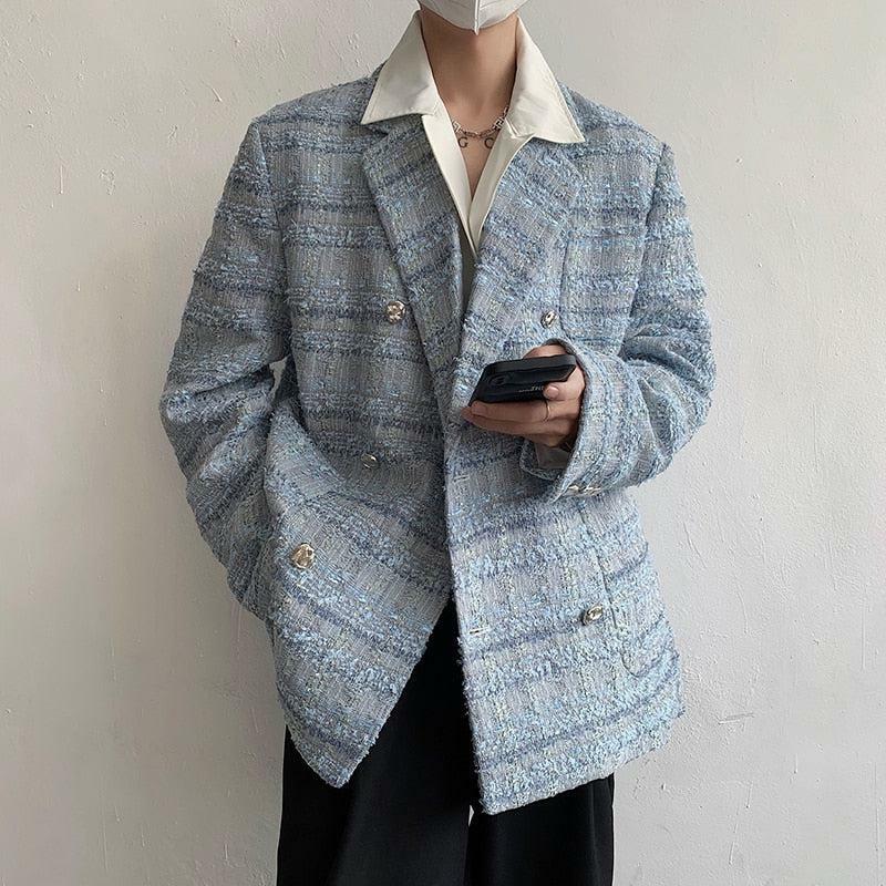 Chic Y2K Lapel Collar Blue Tweed Blazer for Effortless Style