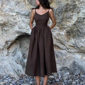 Chic Y2K Linen Midi Dress for Effortless Summer Style and Aesthetic Vibes