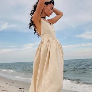 Chic Y2K Linen Midi Dress for Effortless Summer Style and Aesthetic Vibes