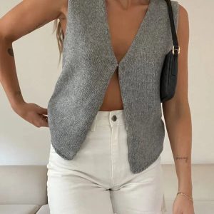 Chic Y2K Open Front Knitted Cardigan Vest for Effortless Summer Style