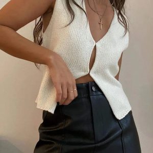 Chic Y2K Open Front Knitted Cardigan Vest for Effortless Summer Style