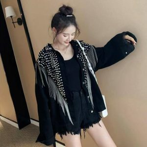 Chic Y2K Tassel Black Jacket for Effortless Grunge Style and Aesthetic