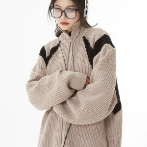 Chic Y2K Turtleneck Zip-Up Loose Cardigan for Effortless Style