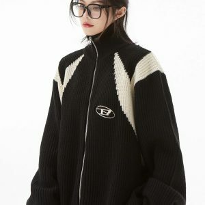 Chic Y2K Turtleneck Zip-Up Loose Cardigan for Effortless Style