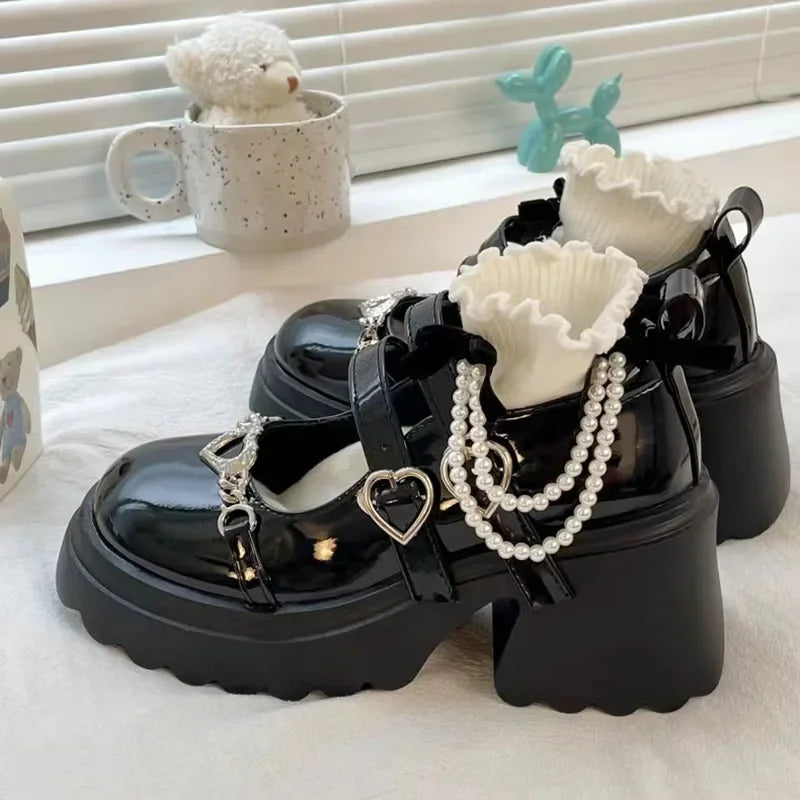 Chunky Platform Mary Jane Shoes with Heart Accessory for Y2K Style