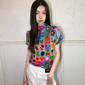 Colorful Sketchbook Pleated Top - Y2K Aesthetic Summer Fashion Essential