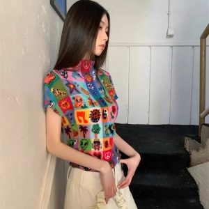 Colorful Sketchbook Pleated Top - Y2K Aesthetic Summer Fashion Essential